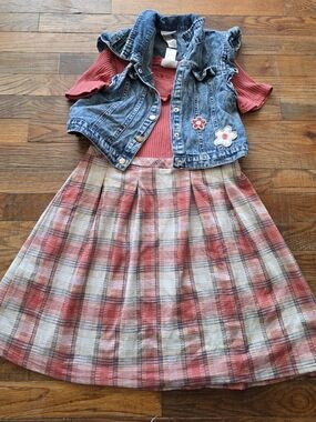 Little Lass Coral Pink Top with Blue Denim Vest and Coral Plaid Skirt